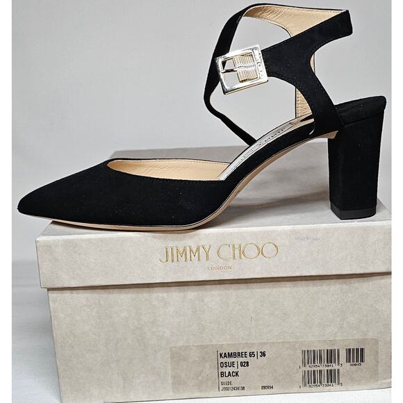 Jimmy Choo Black Suede Block Heels Ankle Strap Pointed Toe Shoes - Picture 12 of 15